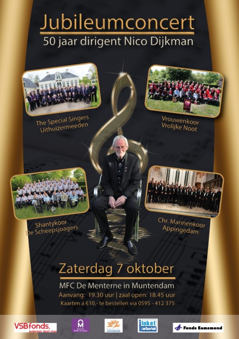 Poster Jubileumconcert 50 jaar dirigent Nico Dijkman versie Uithuizermeeden