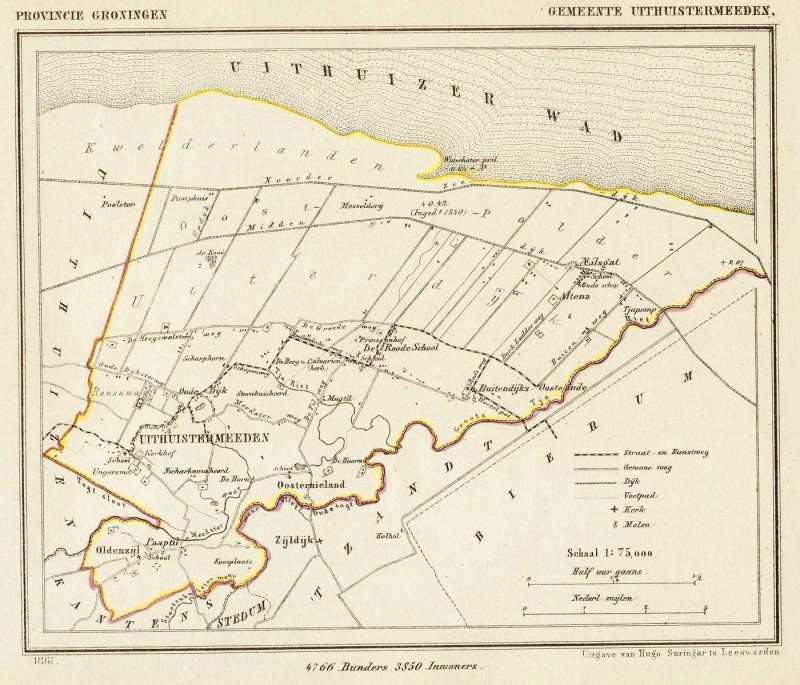 Netherlands Uithuizermeeden Oldenzijl Oosternieland Roodeschool map of 1867